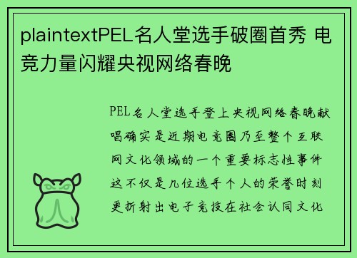 plaintextPEL名人堂选手破圈首秀 电竞力量闪耀央视网络春晚